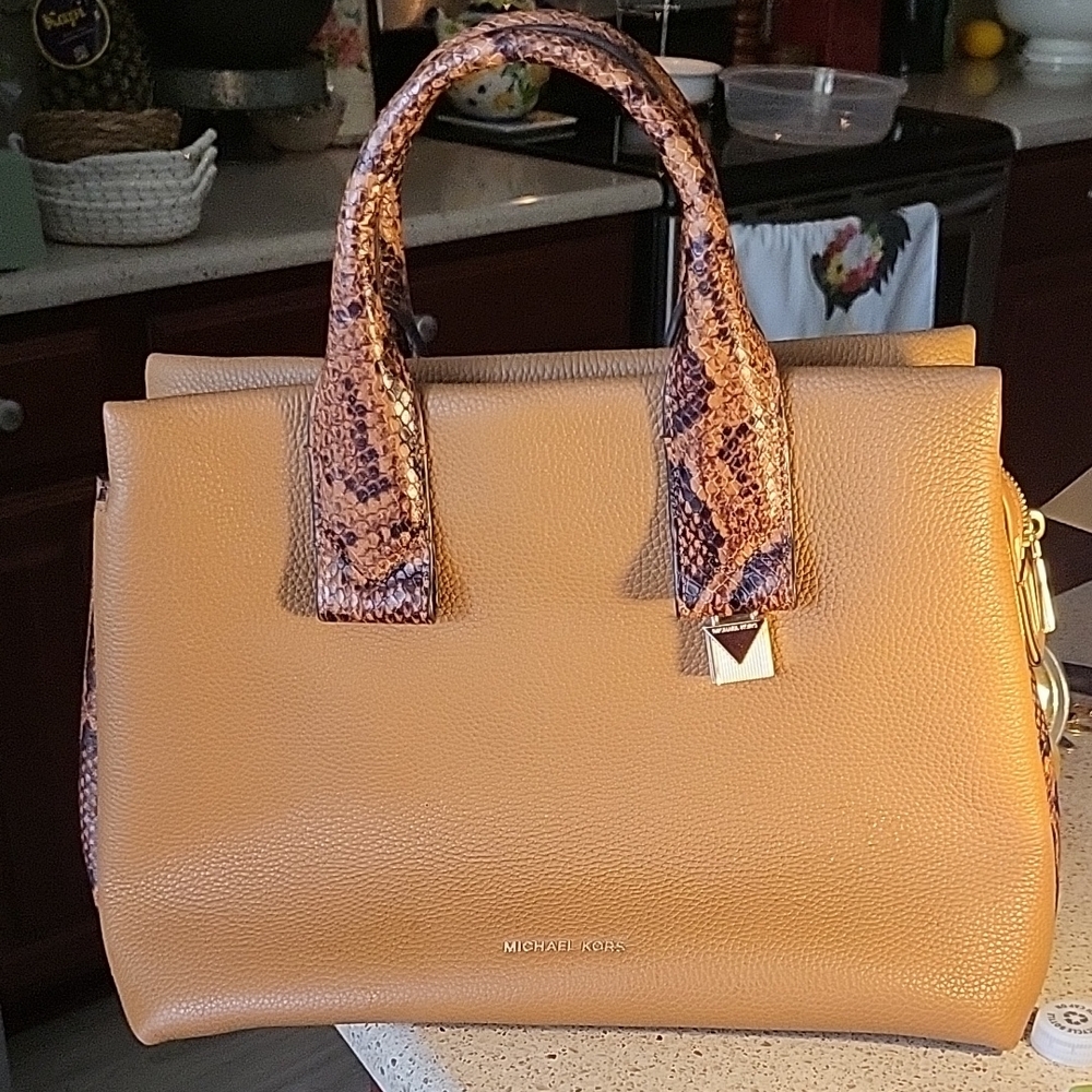 Michael Kors Tan Satchel with Snakeskin Accents